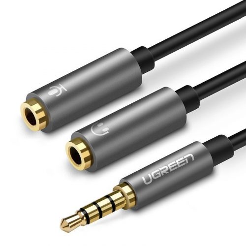 UGREEN AUX audio elosztó 3,5 mm-es mini jack kábel (férfi) fejhallgatóhoz + mikrofonhoz (női), 20 cm (fekete-szürke)