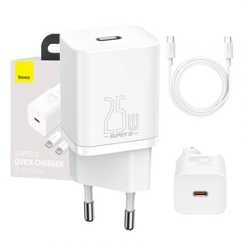 Adaptor de încărcare rapidă Baseus Super Si 1C 25W cu încărcător rapid și cablu USB-C la USB-C de 1 m (alb)