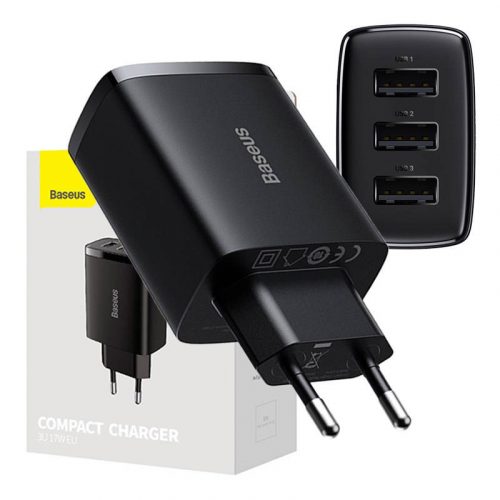 Încărcător rapid compact Baseus, 3x USB, 17W (negru)