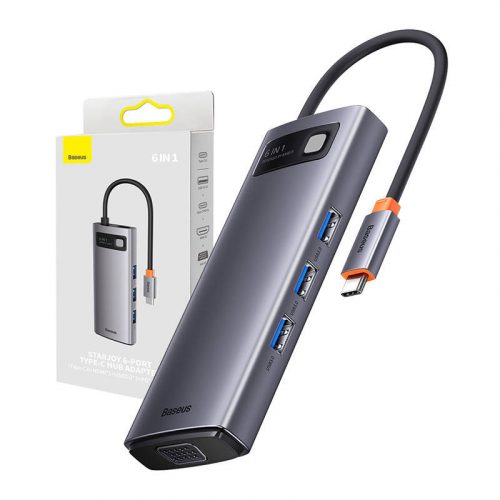 Baseus Metal Gleam sorozat 6 az 1-ben hub, USB-C - 3x USB 3.0 + HDMI + USB-C PD + VGA