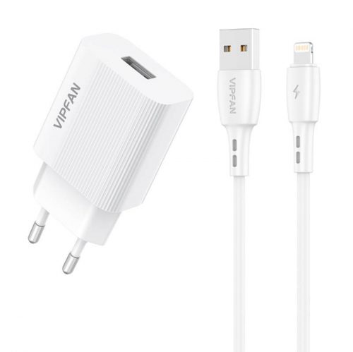 VFAN E01 hálózati töltő, 1x USB, 2,4A + Lightning kábel (fehér)