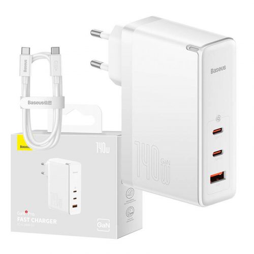 Baseus GaN5 Pro Gyorstöltő, 2xUSB-C + USB, 140W (fehér)