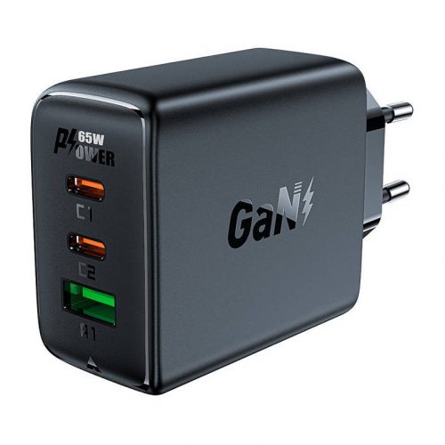 Fali töltő Acefast A41, 2x USB-C + USB, GaN 65W (fekete)