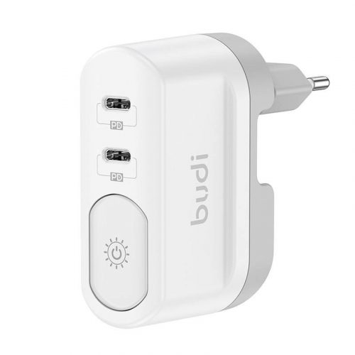 Încărcător de perete cu lumină Budi 326DE, 2xUSB-C, 40W, (alb)