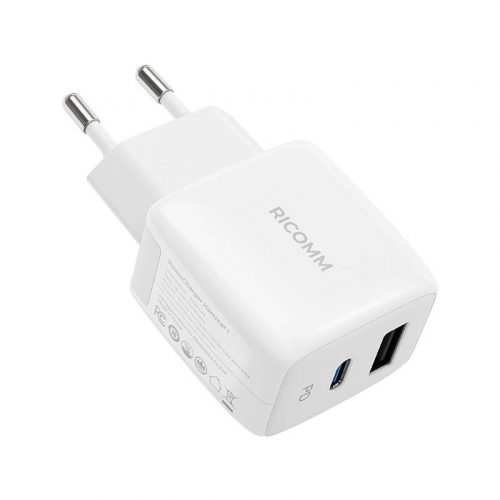 Încărcător de perete 25W PD Ricomm RC252 EU, 1xUSB-A, 1xUSB-C + cablu USB-C de 2,1m