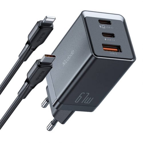 Mcdodo CH-1544 GaN încărcător de perete GaN, 2x USB-C, 1x USB, 67W + cablu USB-C la USB-C (negru)