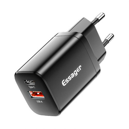 Încărcător de perete USB-C+USB-A 30W Essager PD+QC (negru)