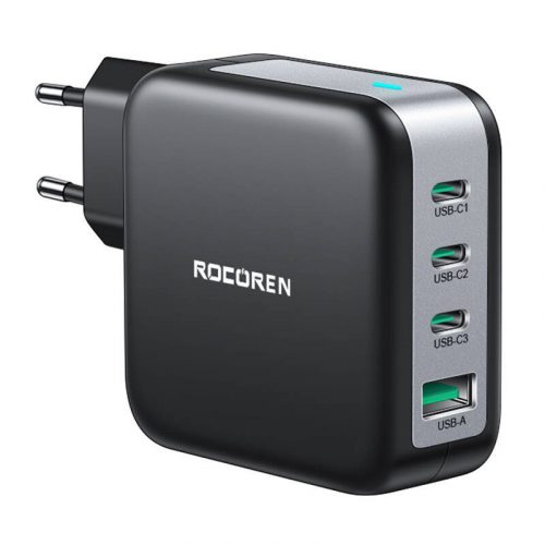 Încărcător de perete GaN Rocoren 3x USB-C, 1x USB, Power Delivery 3.0, 100W (negru)