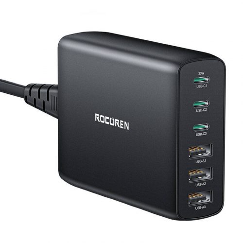 GaN Rocoren fali töltő 3x USB-C, 3x USB, 100W (fekete)