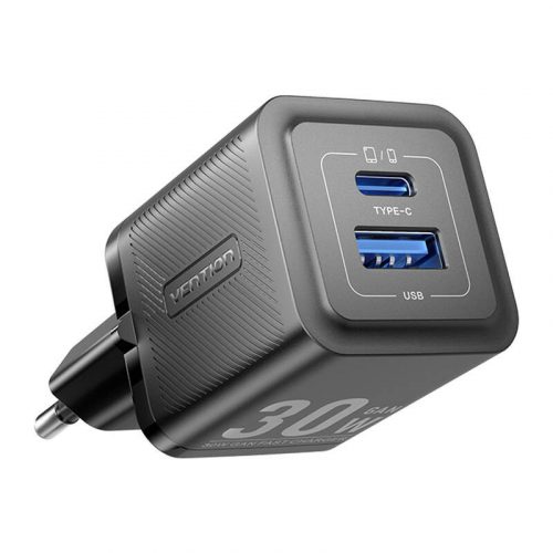 Fali töltő, Vention, FEQB0-EU, USB-C, USB- A, 30W/30W, GaN (fekete)