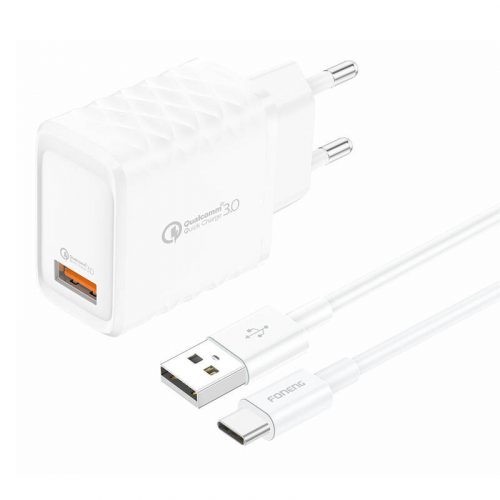 Foneng EU54 USB-A, 3A hálózati töltő (fehér) + USB-A-ból USB-C-be kábel