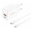 Foneng EU56 1xUSB-A, 1xUSB-C, 20W-os hálózati töltő (fehér) + USB-A Lightning kábelre