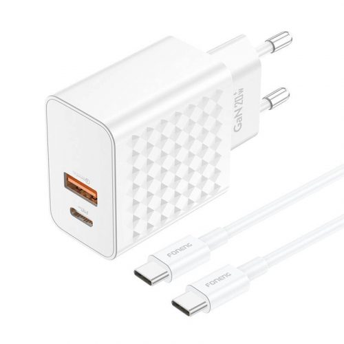 Foneng EU42 USB-C+USB-A 20W-os töltő + USB-C - USB-C kábel (fehér)